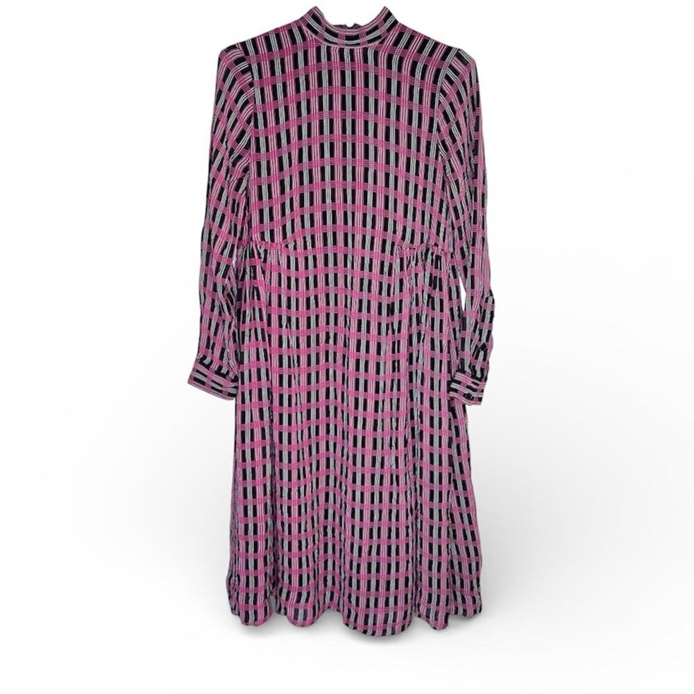 NEW Ganni Plaid Check Georgette Mock Neck Midi Dress Long Sleeves Sz 34/XS